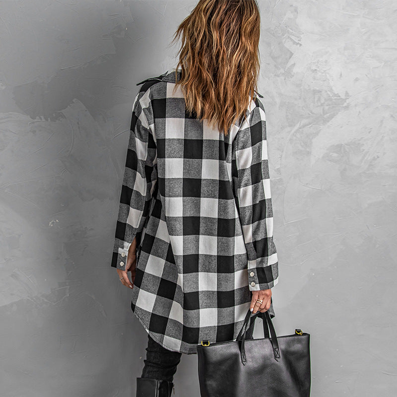 Plaid Shirt Women Mid Length Long Sleeve Women Coat Plaid Shirt Top Shacket