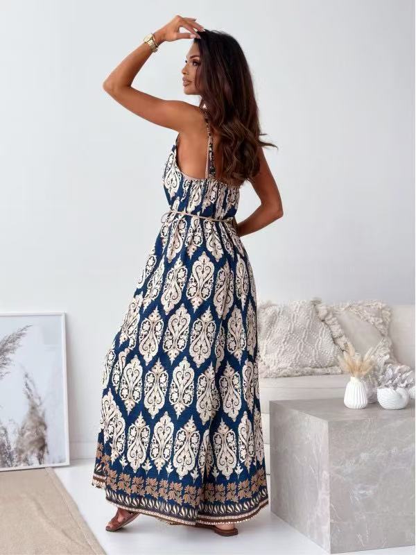 Women Clothing Summer Positioning Floral V neck Brace One Piece Wide Leg Pants with Belt