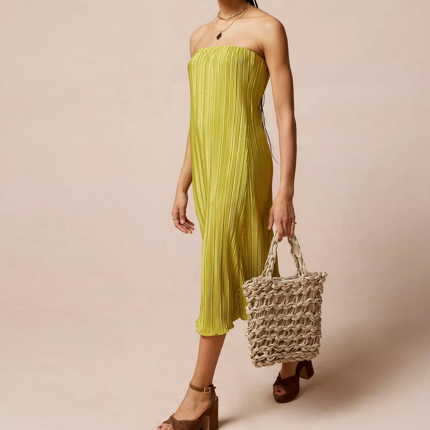 Solid Color Pleated Tube Top Backless Maxi Dress Summer Casual Loose Dress Women
