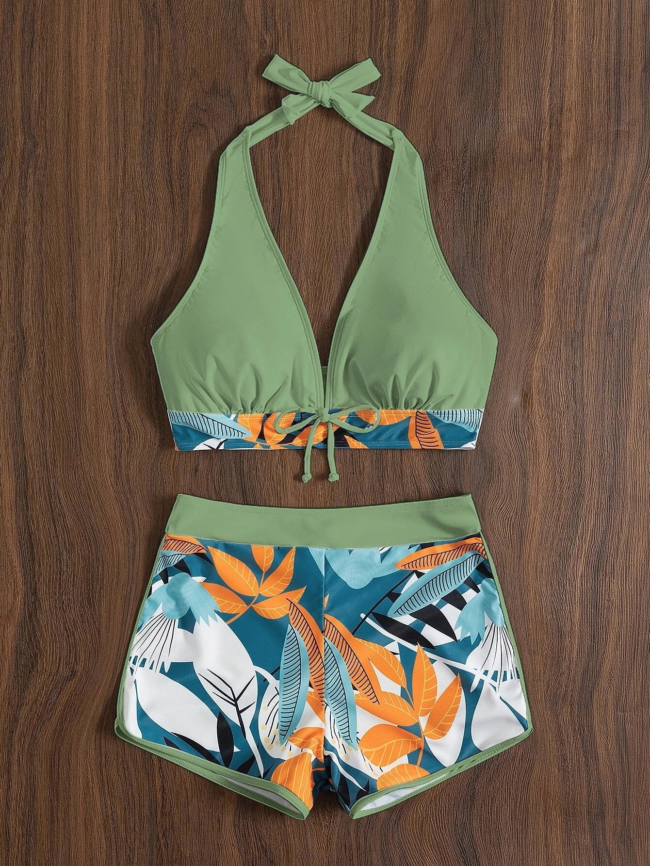 Swimsuit Women Split High Waist Boxer Lace Printing Solid Color Stitching Swimsuit