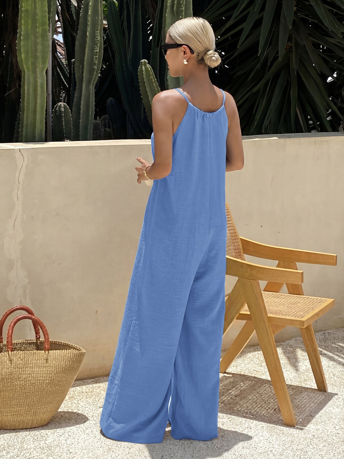 Fresh Vacation Loose Blue Laced Sling Jumpsuit