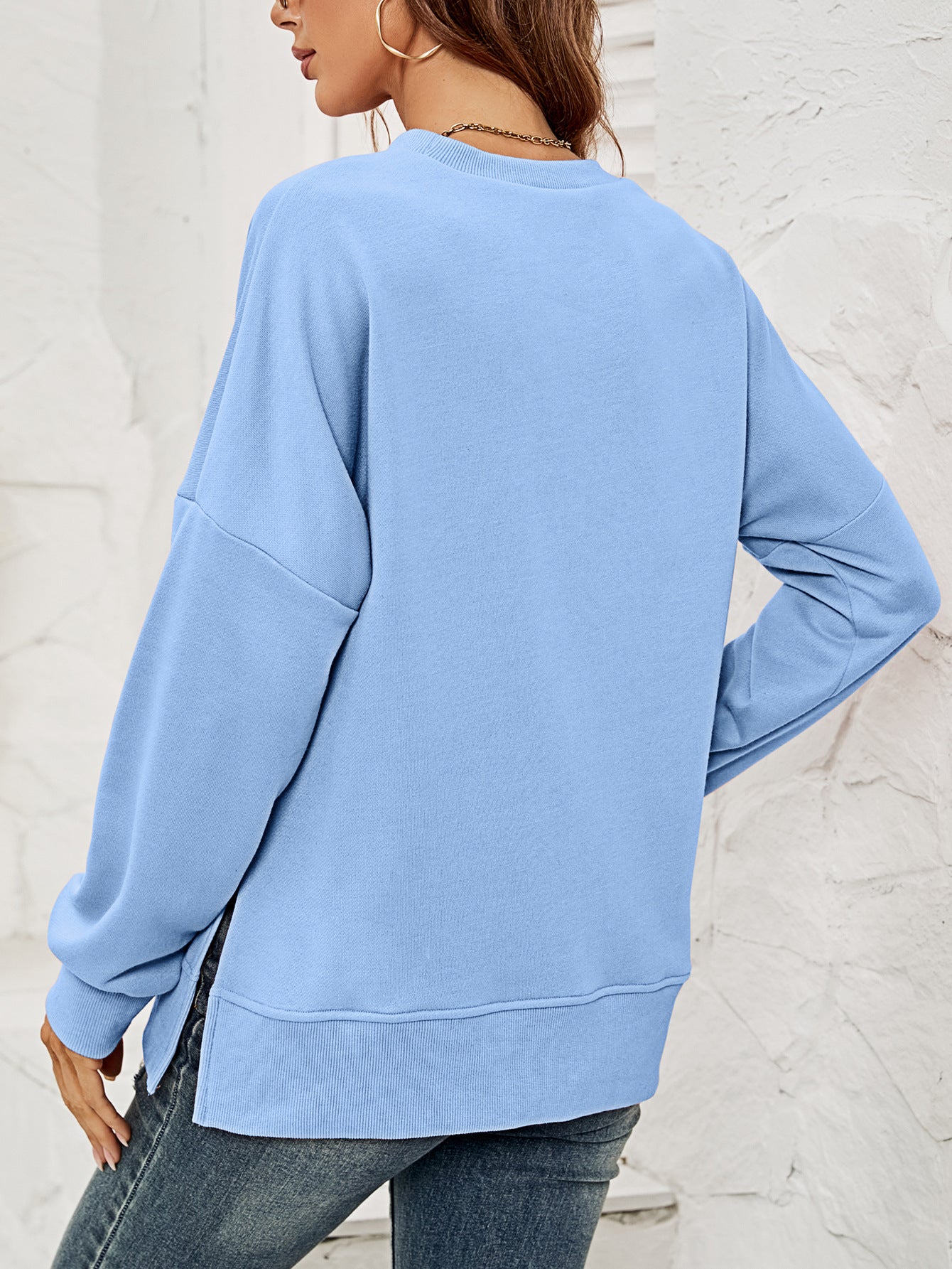 Women Clothing Autumn Winter Sweatshirt round Neck Long Sleeve Split Pullover for Women