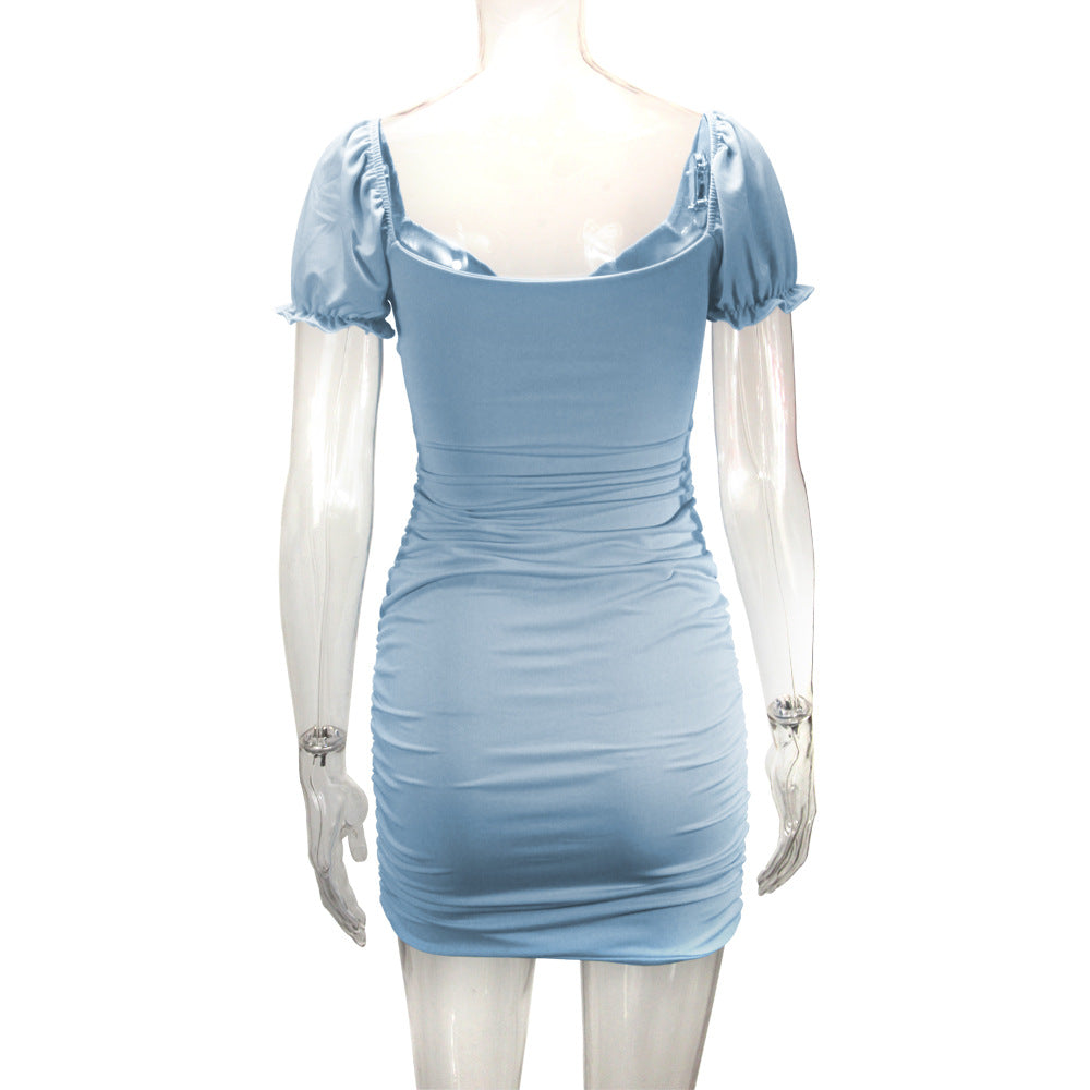 Women Clothing Sexy Hollowed out Pleated Puff Sleeve Sheath Dress