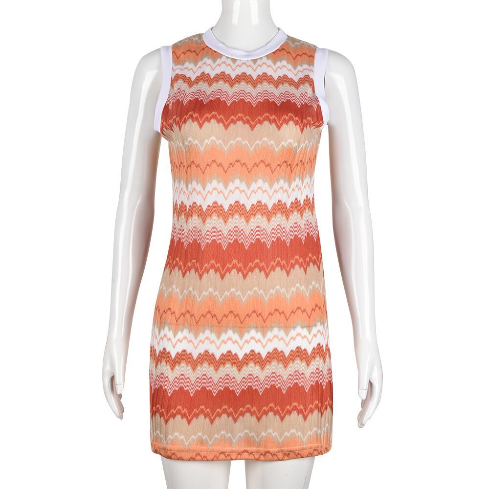 Women Clothing Spring Pattern Print round Neck Contrast Color Sexy Dress