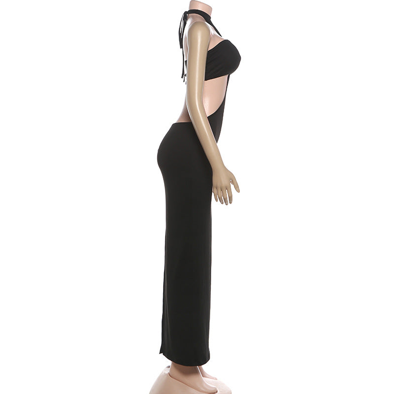 Autumn Women Clothing Sexy Tube Top Halter Lace up Backless Slit Dress