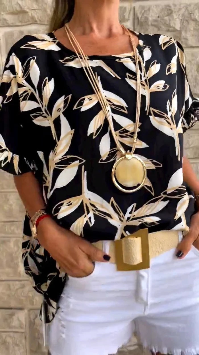 Short Sleeved T shirt Summer Leaf Printed Ruffle Sleeve Short Sleeved T shirt