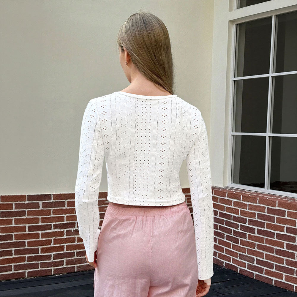 Long Sleeve Fall Women Clothing Unique Chic Hollow Out Cutout out Short Lace up Breathable Solid Color Top