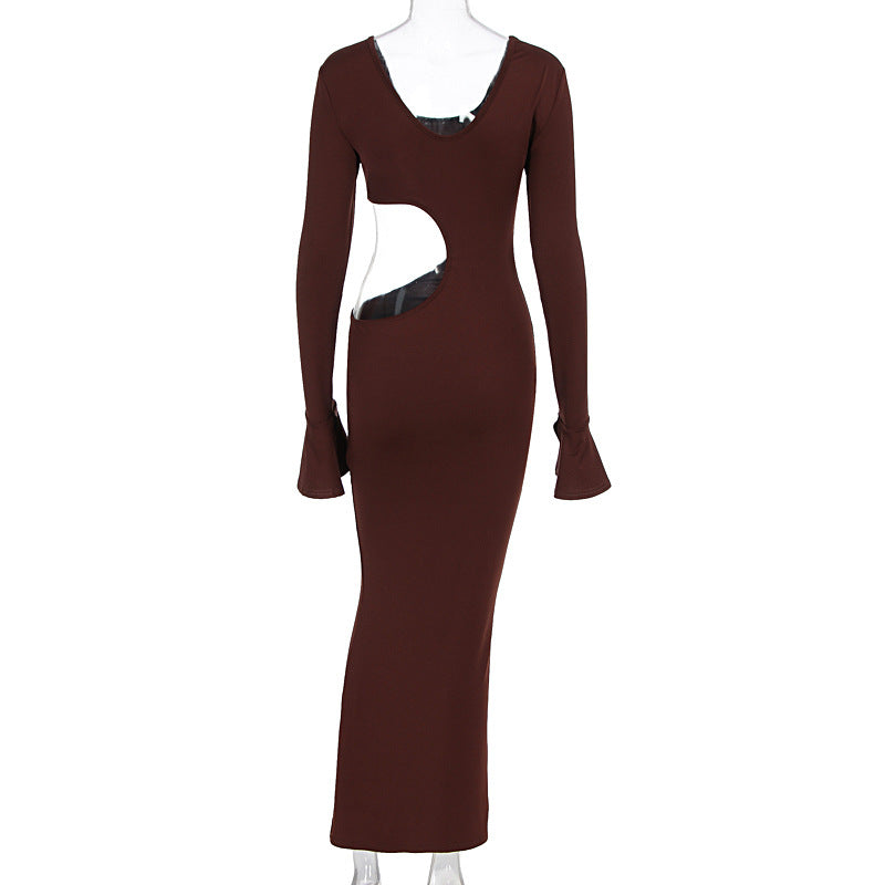 Women Clothing Fashionable Elegant Sexy Hollow Out Cutout Slim Fit U Neck Long Sleeved Dress