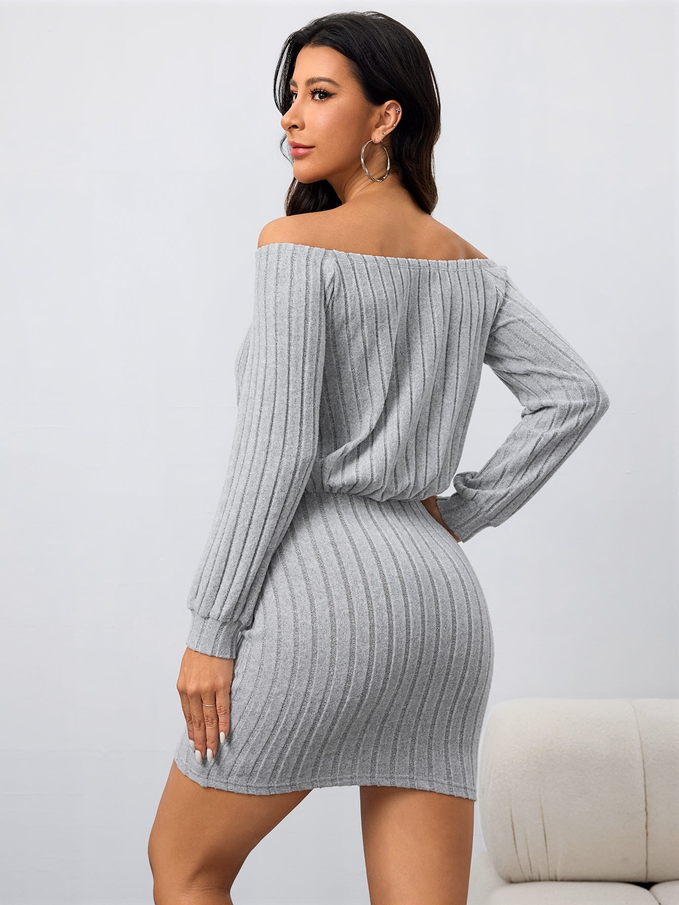 Autumn Winter Women Clothing Sexy off Shoulder Collar Dress Slim Fit Hip Wrapped Short Dress