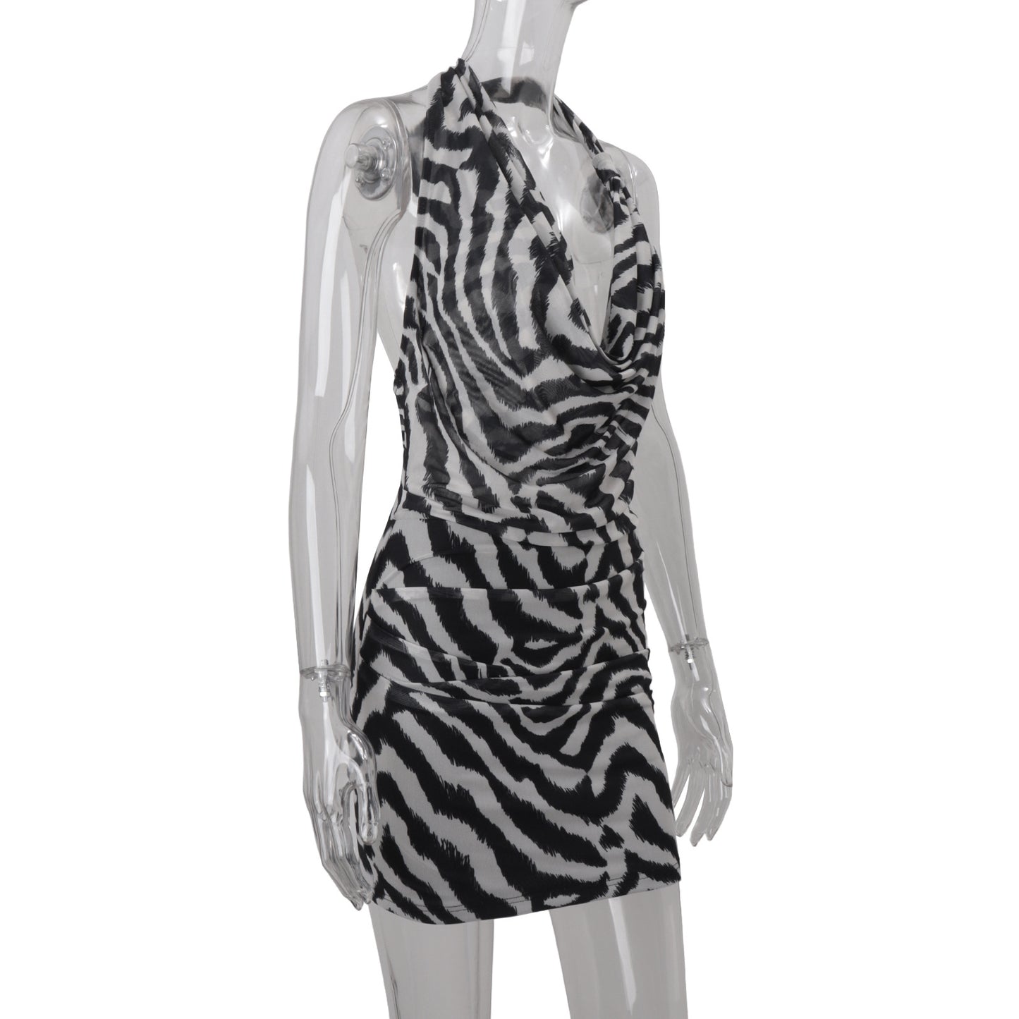 Women Clothing Autumn Sexy Halter Swing Collar Personality Zebra Pattern Sexy Hip Bag Dress Women