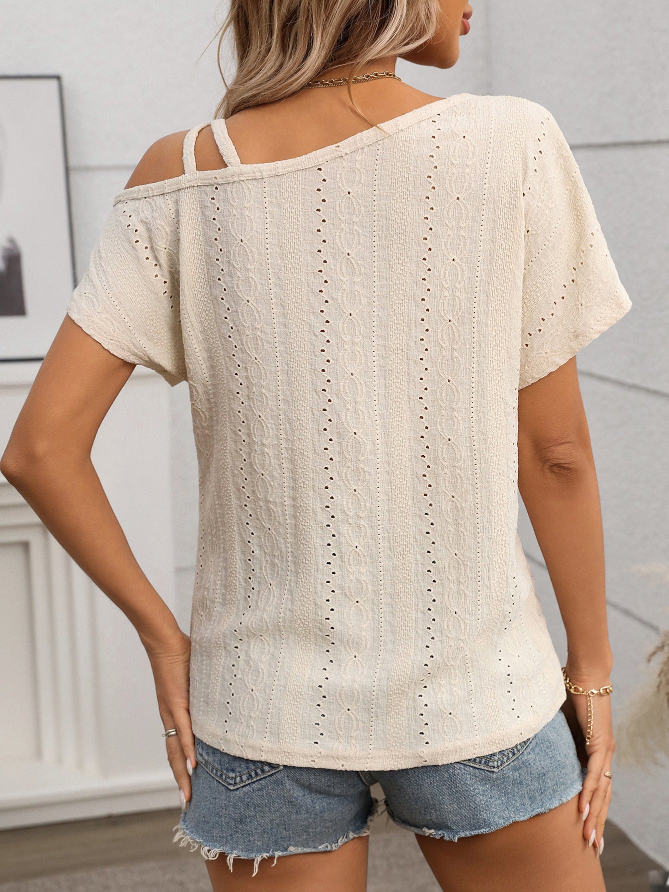 Summer Women Clothing Solid Color One Shoulder Short Sleeved T shirt Hollow Out Cutout out Top Women