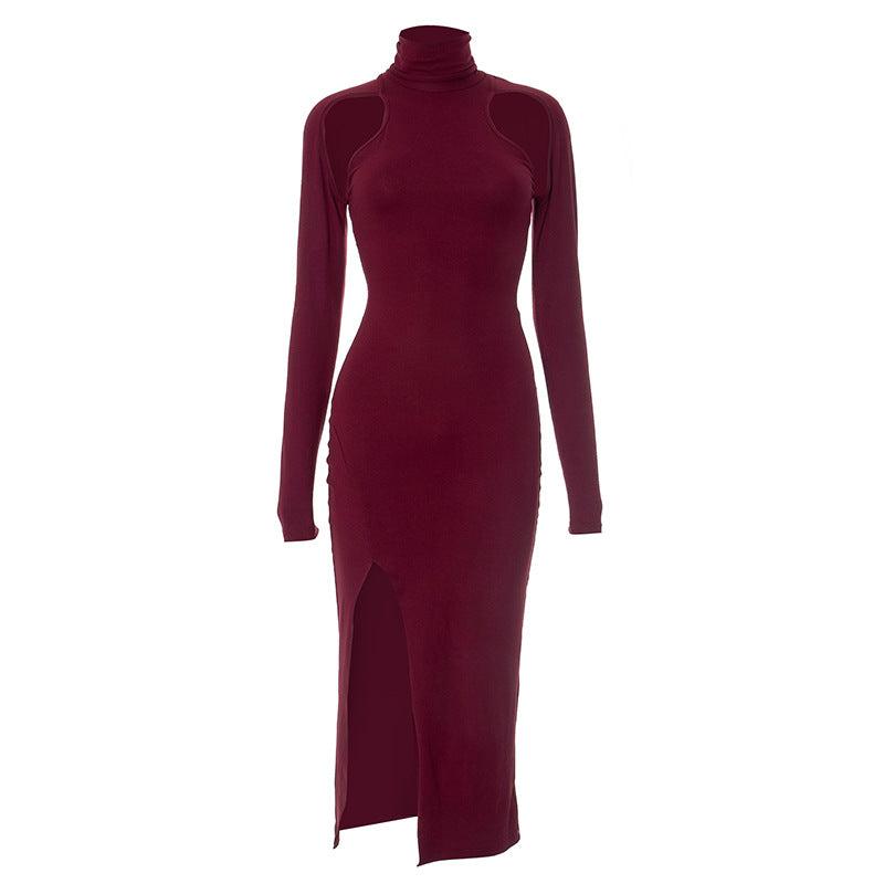 Women Sexy Slim Deep Cerise Hollow Out Cutout Split Mid Length Dress