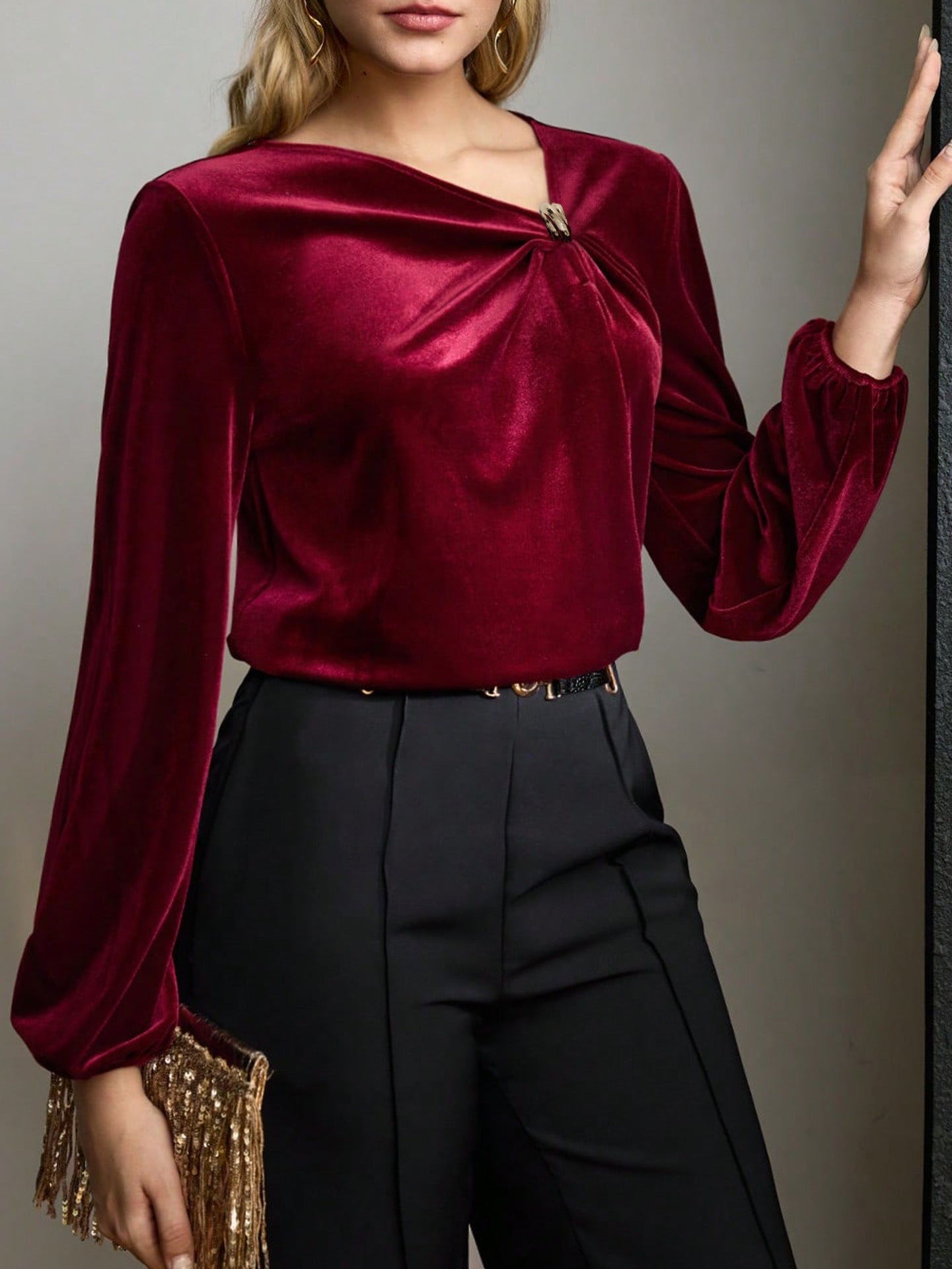 Women Clothing Autumn Velvet Pleated Long Sleeved Shirt Twisted Shoulder Collar Shirt