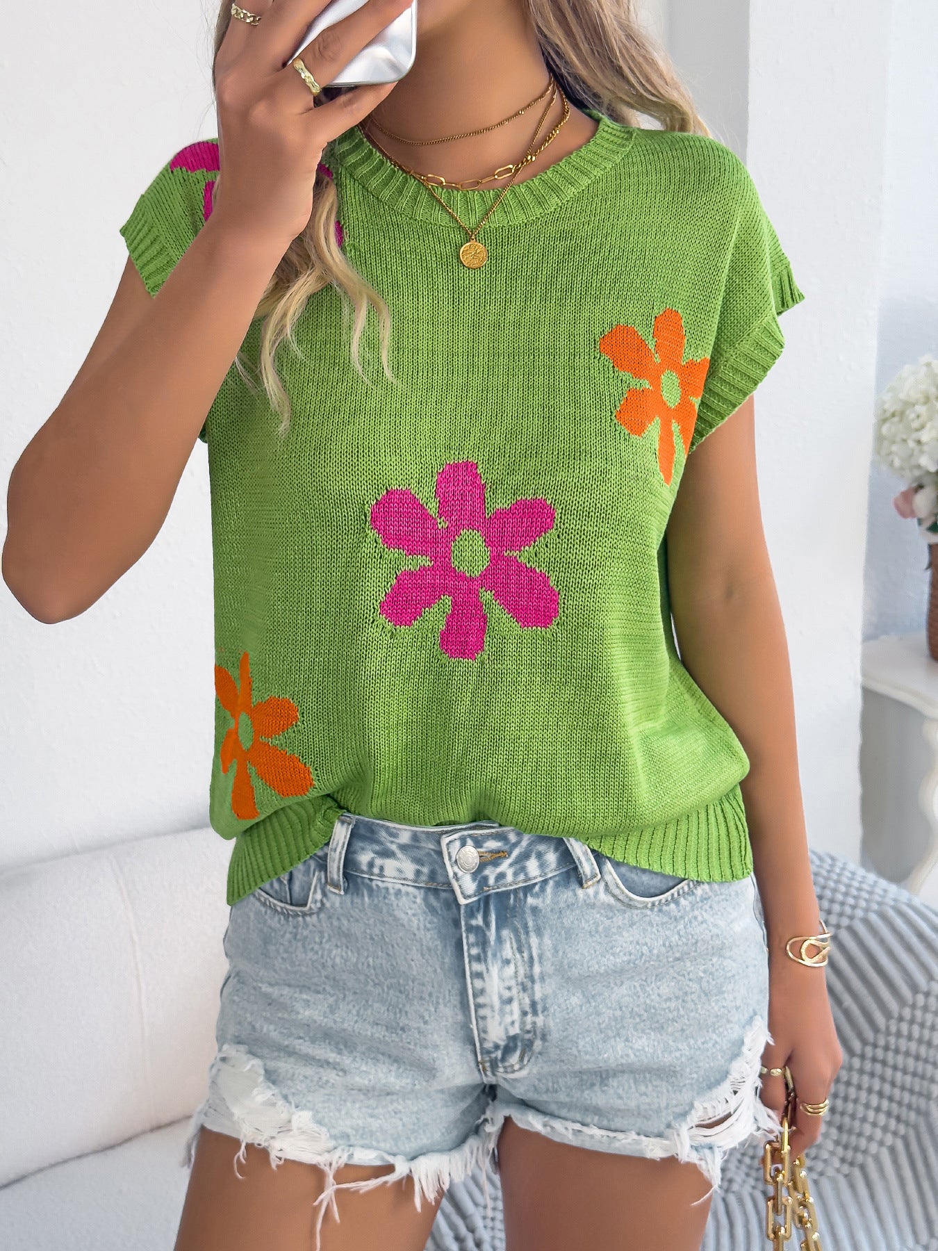 Spring Summer Floral Casual Loose Batwing Sleeve Knitwear Holiday Top Women Clothing