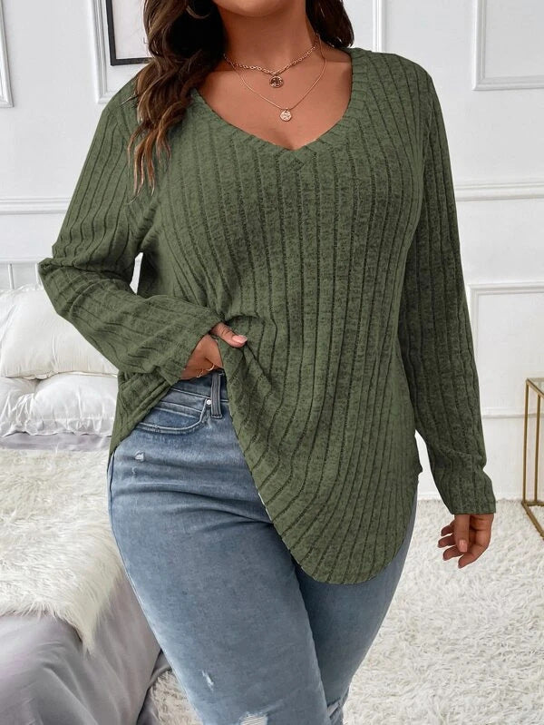 Autumn Winter Solid Color plus Size Women Clothes Top V neck Long Sleeve Sunken Stripe Brushed T shirt Loose Pullover
