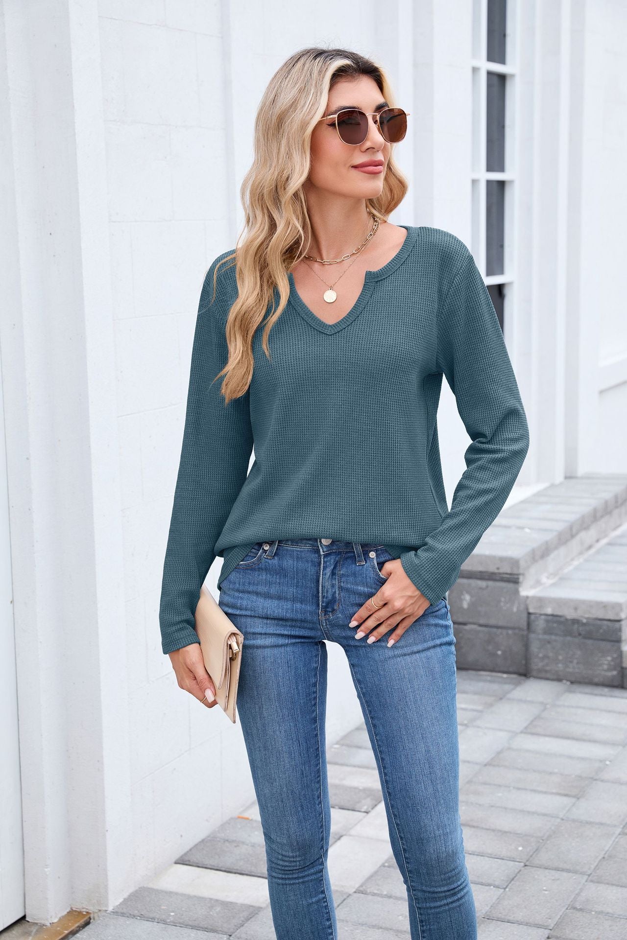 Autumn Winter Waffle Solid Color V neck Loose Long Sleeved T shirt Top Women