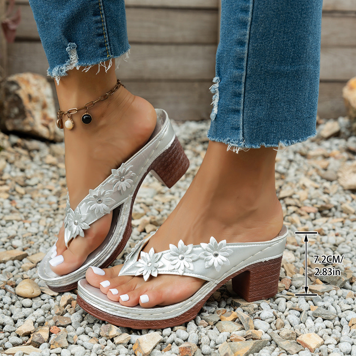Summer Thick Heel Peep Toe Flip Flops Women Casual Floral High Heel Flip Flops