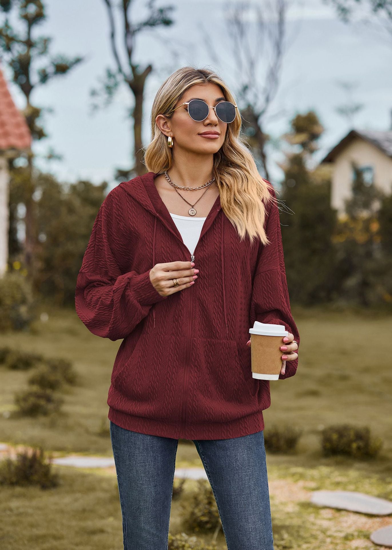 Autumn Winter Solid Color Pocket Long Sleeve Loose Hooded Sweatshirt Women Coat