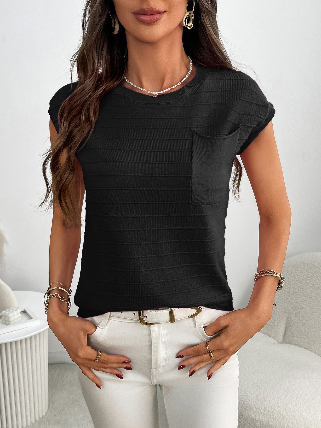 Summer Women Clothing Pullover Short Sleeve round Neck Striped Knitted Pocket Sweater