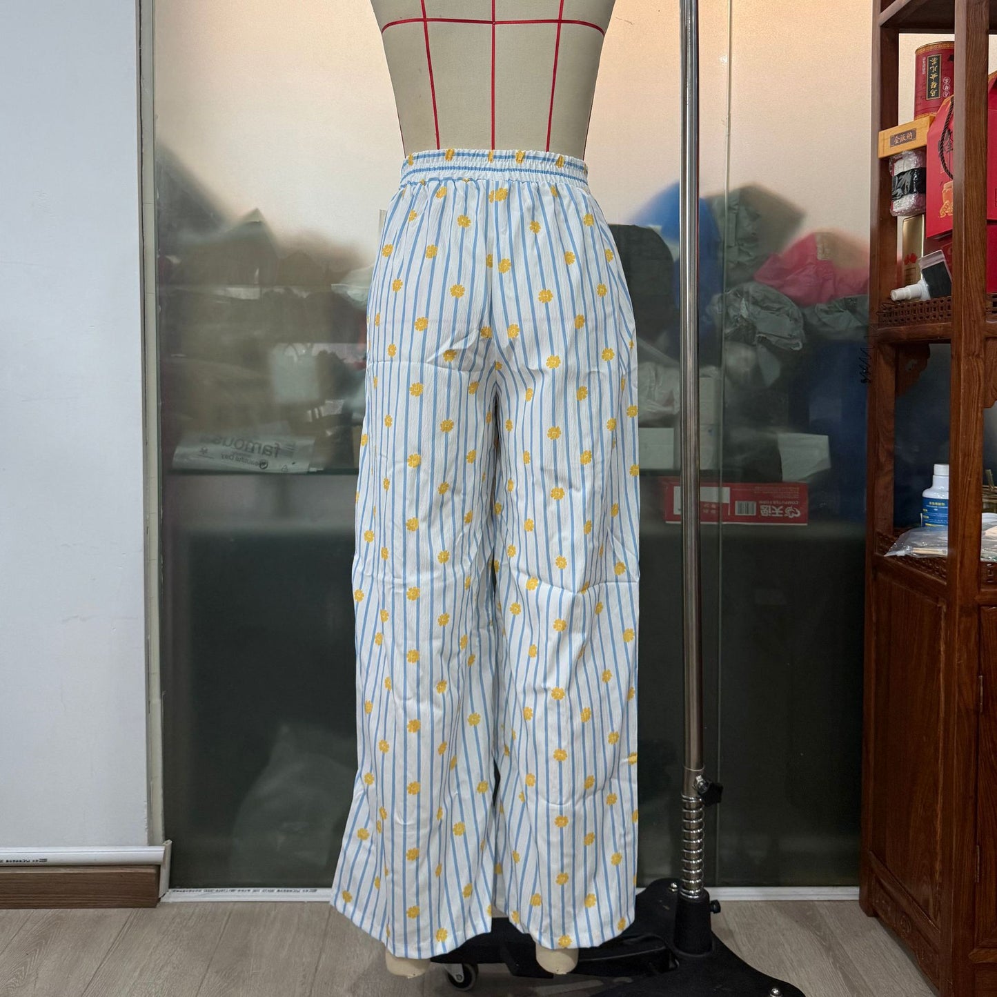 Thin Striped Printed Women Casual Pants Summer Drawstring Straight Loose Wide Leg Mop Pants