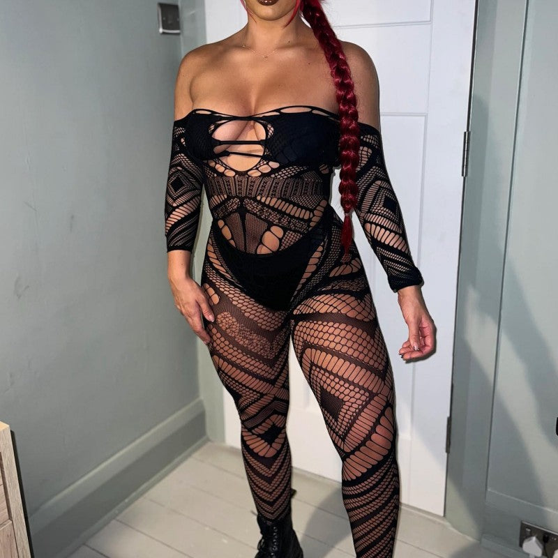 Summer Sexy Temptation Sheer Mesh Long Sleeve Sheath Jumpsuit