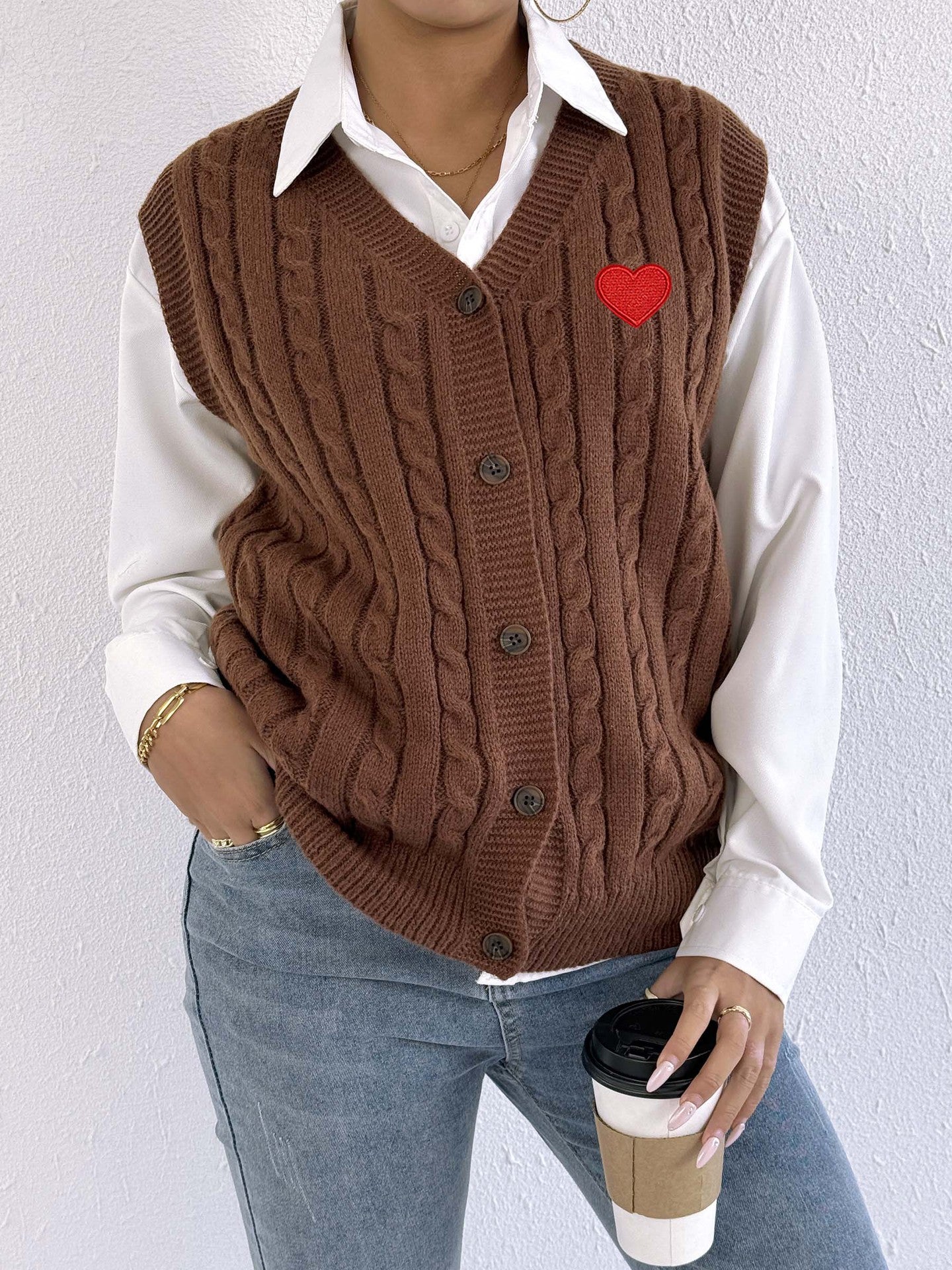 Women Knitted Cardigan Autumn Winter Casual Outerwear Vest Twist Woven Sweater Three Dimensional Floral Stitching Vest