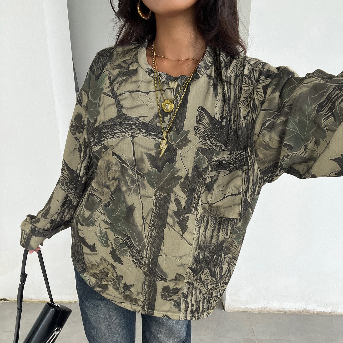 Retro Casual Camouflage Leaf Print Long Sleeve Crew Neck Sweater Spring Autumn Loose Long Sleeve Street Top