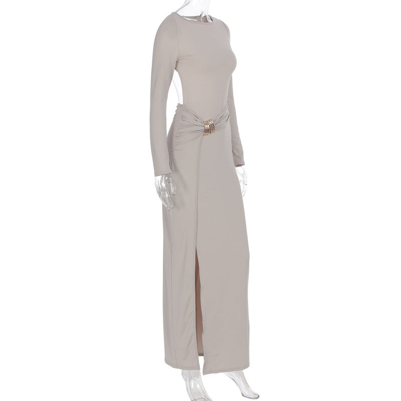 Women Maxi Dress Crew Neck Split Long Sleeve Autumn Dress