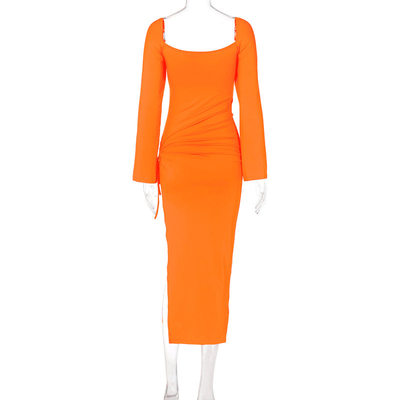 Women Clothing Autumn Winter Long Sleeve Lace Up Slim Fit Backless Hollow Out Cutout Split Dress