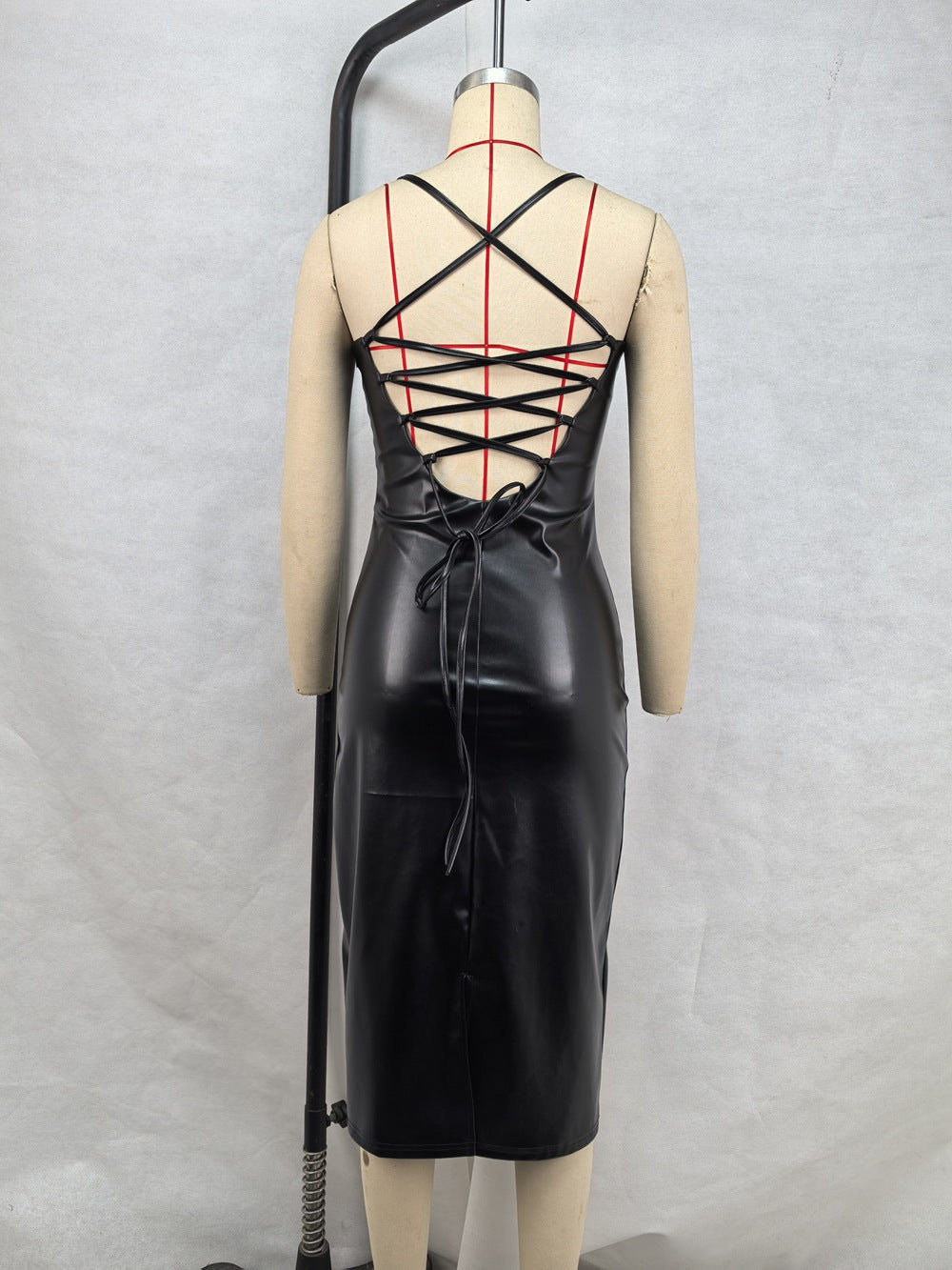 Sleeveless Split Dress Faux Leather Nightclub Sexy Backless Lace up Sheath
