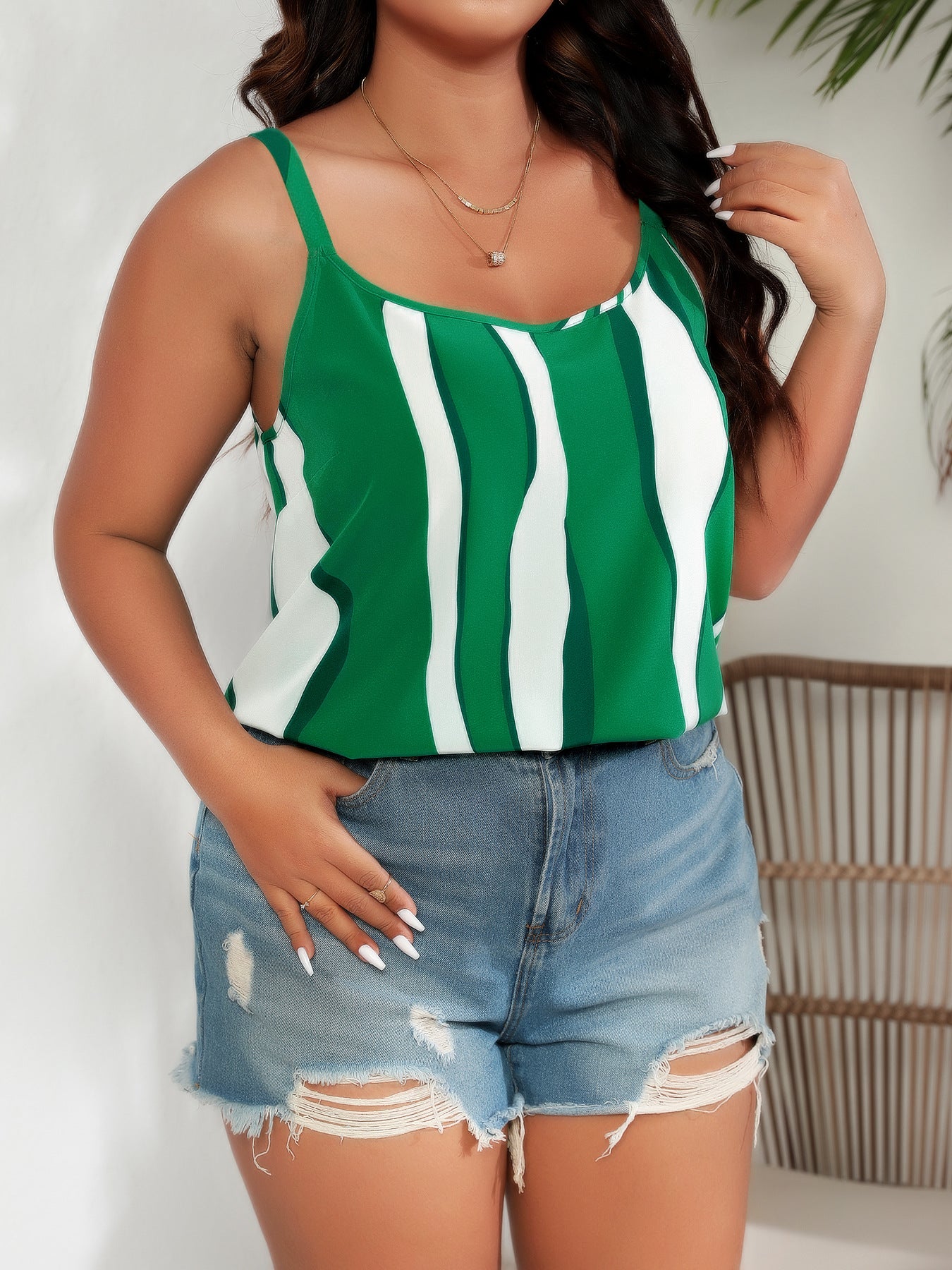 Plus Size Striped Printed Loose Cool Women Casual Chiffon Camisole