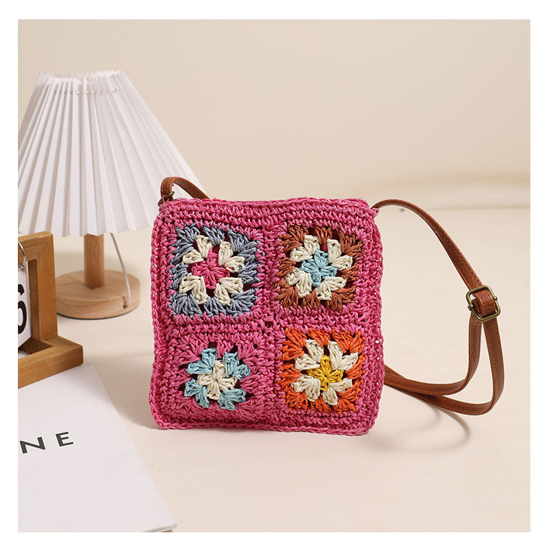 Hollow Out Cutout Floral Crossbody Straw Bag Retro Square Straw Bag Woven Bag Vacation Beach Bag All Match Shoulder Bag