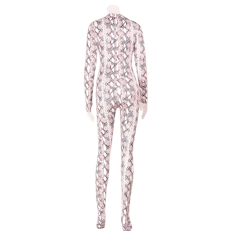 Snake Pattern Mesh Floral Print Long Sleeved Jumpsuit Women Slim Fit Sexy See through Nightclub Dance Sexy Long Sleeved Trousers