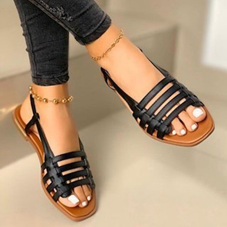 Hollow Out Cutout out Buckle Flat Sandals Women Summer Outdoor Knitted Belt Beach Sandals