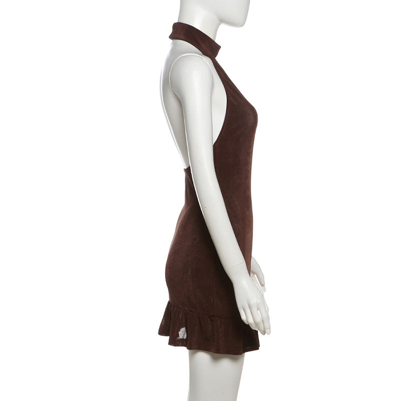Summer Women Clothing Sexy Halter Solid Color Backless Slim Fit Sheath Dress