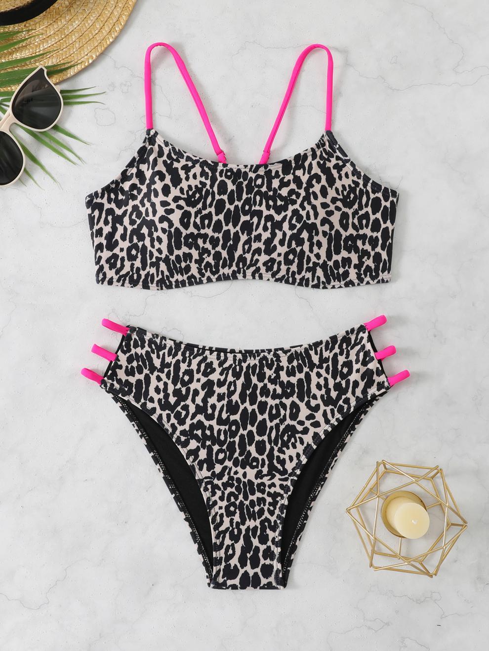 Split Swimsuit Leopard Print Simple Bikini Women Sexy Beach Swimsuit with Chest Pad