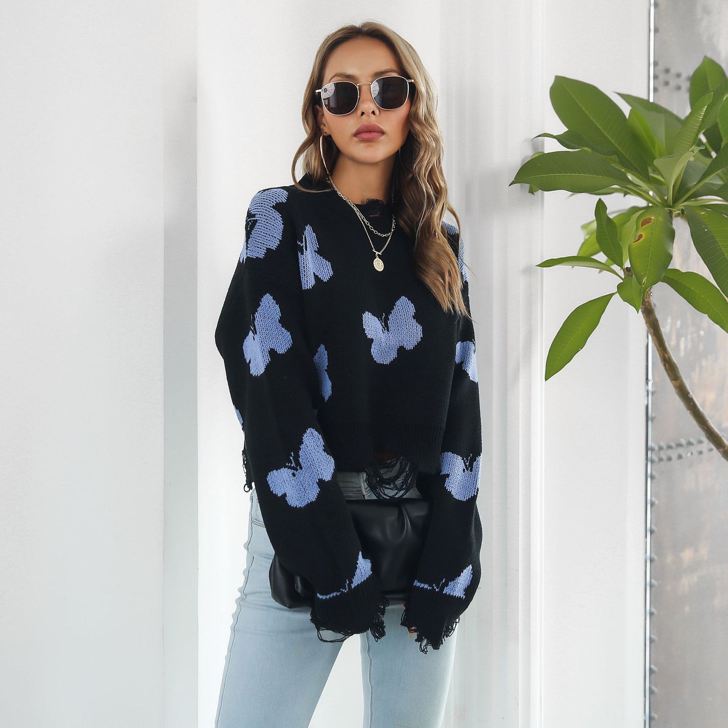 Ripped Butterfly Jacquard Short Sweater Women Autumn Winter Long Sleeve Sweater Sweater