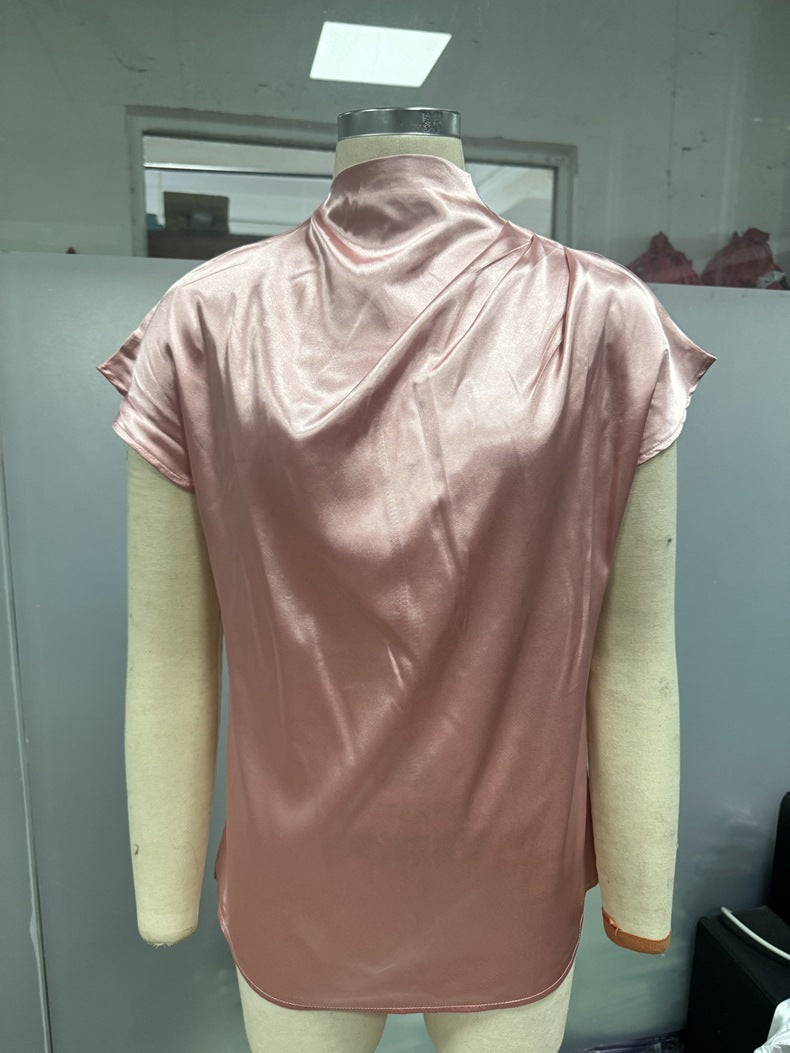 Round Neck Short Sleeve Left Shoulder Pleated T shirt Satin Women Top