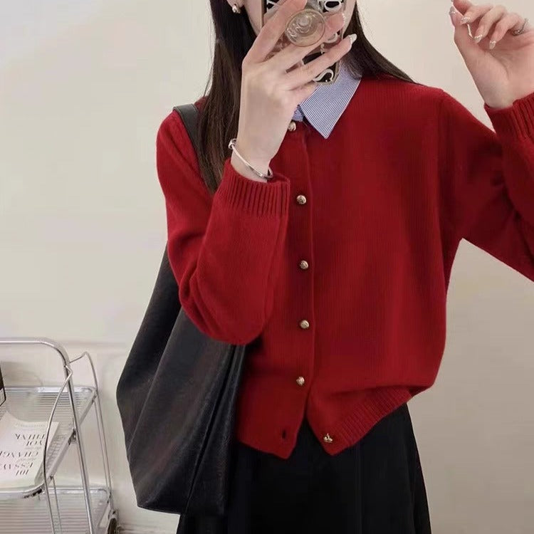 Spring Faux Two Piece Knitted Cardigan Sweater for Women Office Korean Shirt Collar Single Breasted Cardigan for Women