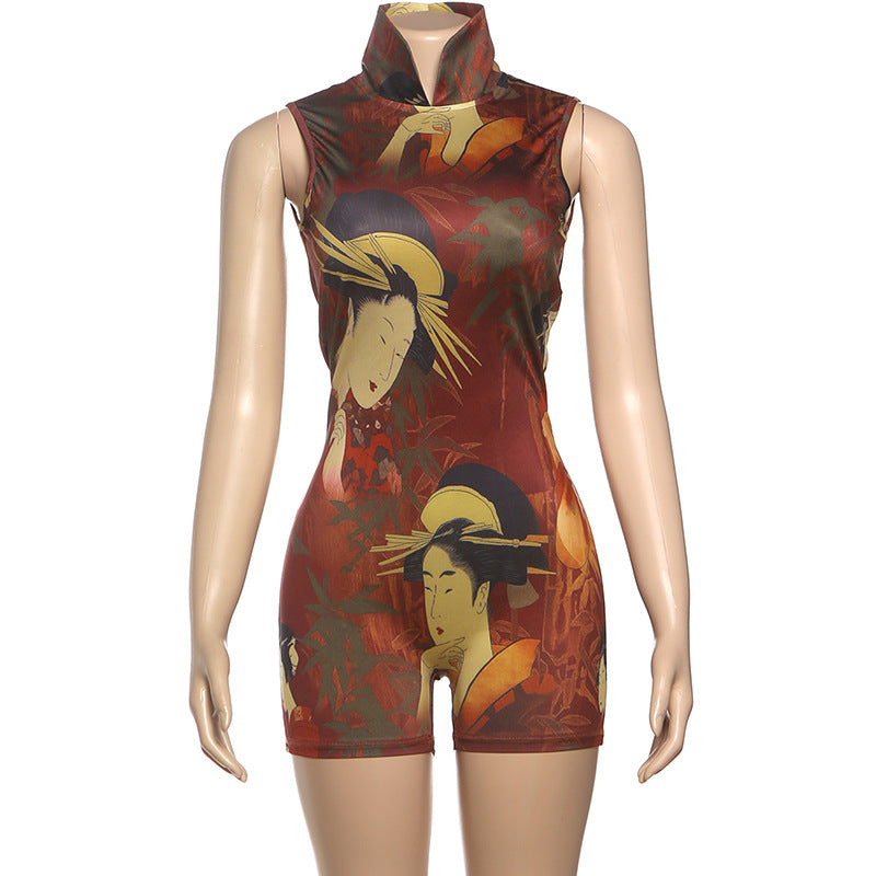 Women Autumn Winter Women Clothing Personalized Printing High Neck Sexy Slim Sleeveless Jumpsuit