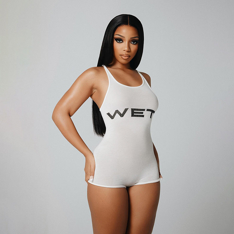 Women Summer Sexy Backless Solid Color Sling Sports Tight Jumpsuit