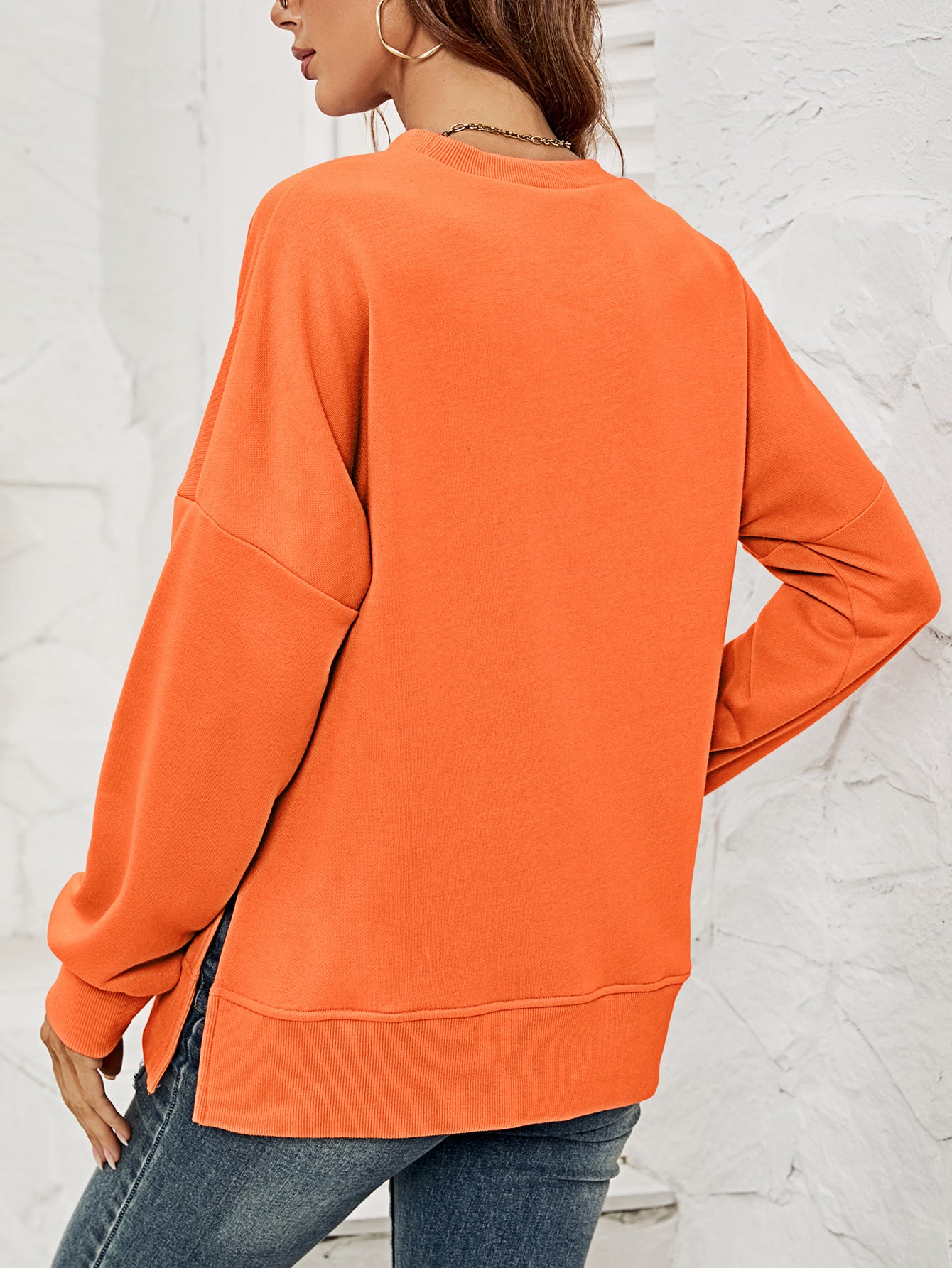 Women Clothing Autumn Winter Sweatshirt round Neck Long Sleeve Split Pullover for Women