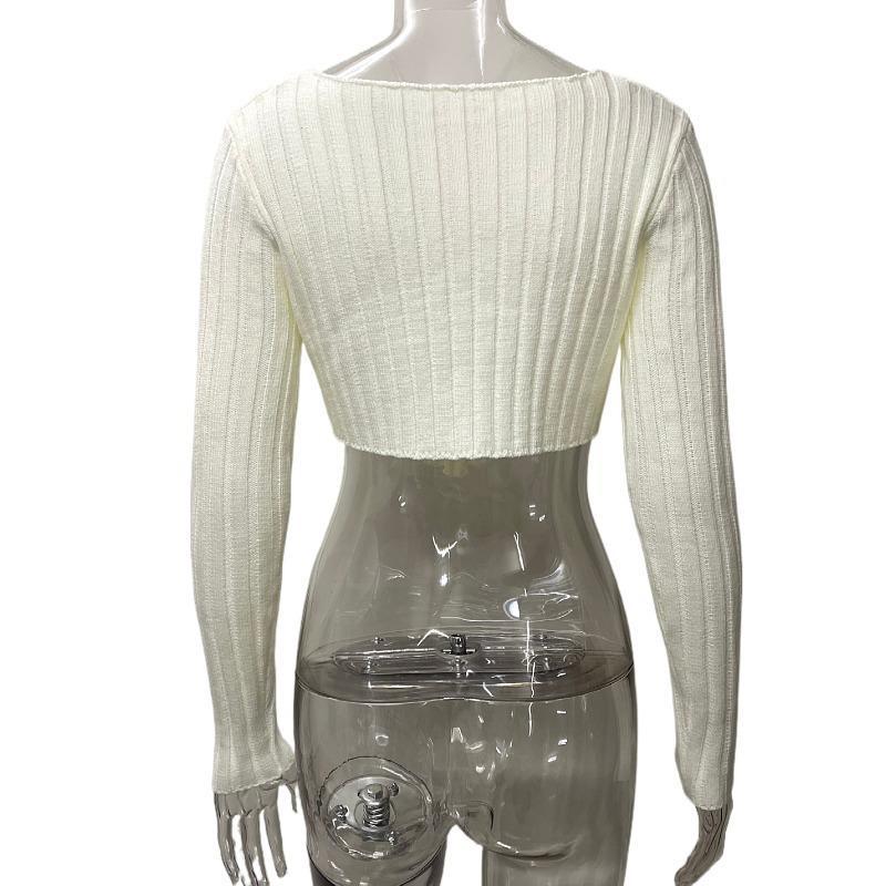 Spring Top Women Clothing Loose Rib Long Sleeves Cropped Short Sweater Women