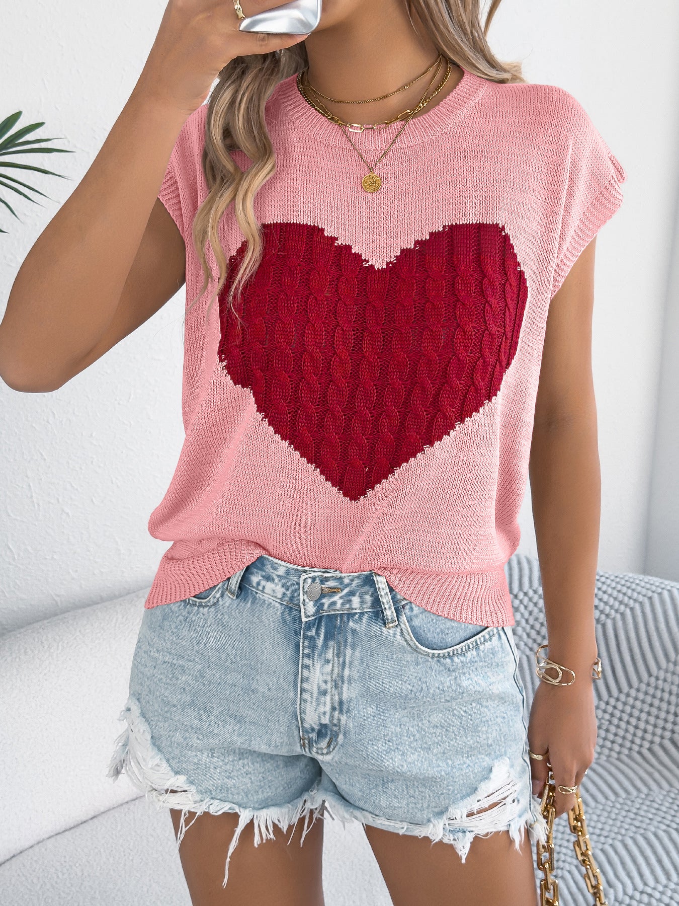 Spring Summer Contrast Color Love Casual Loose Knitwear Valentine Day Top Women Clothing