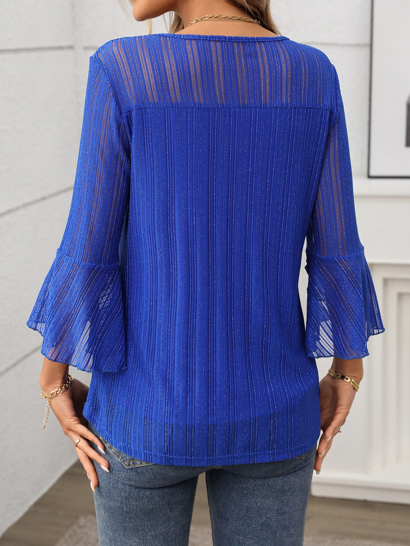 Women Clothing Elegant round Neck Ruffle Sleeve Shiny Mesh Top