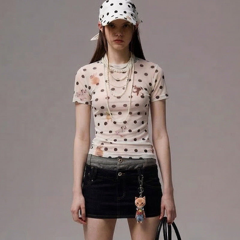 Spring Summer Women Clothing Animal Polka Dot Printed Waist Controlled Short Sleeve Top T shirt