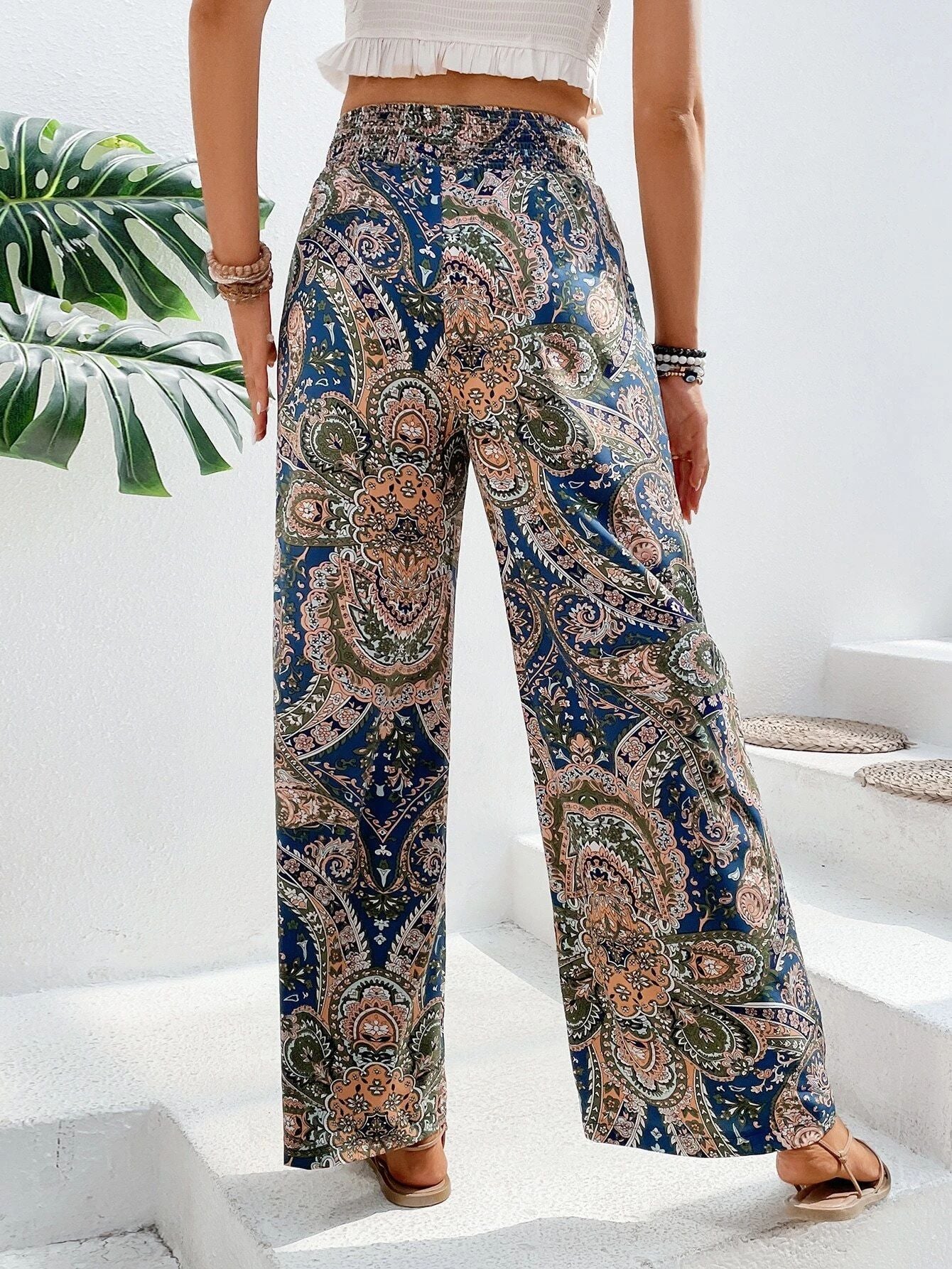 Women Clothing Summer All Match Printed Elastic Waist Wide Leg Pants