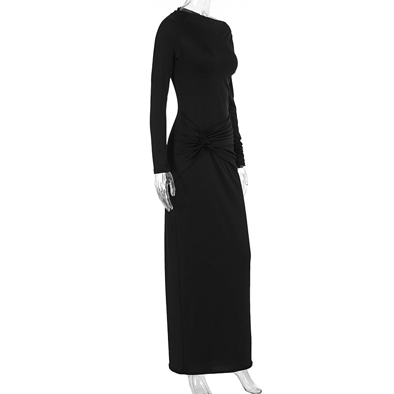 Fall Women Clothing Elegant Solid Color Long Sleeve Diagonal Collar Bow Ruffle Hip Dress