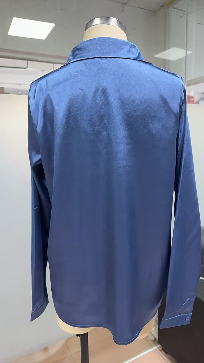 One Button Satin Shirt Office Long Sleeve Shirt Spring Summer Loose Top Women Clothing