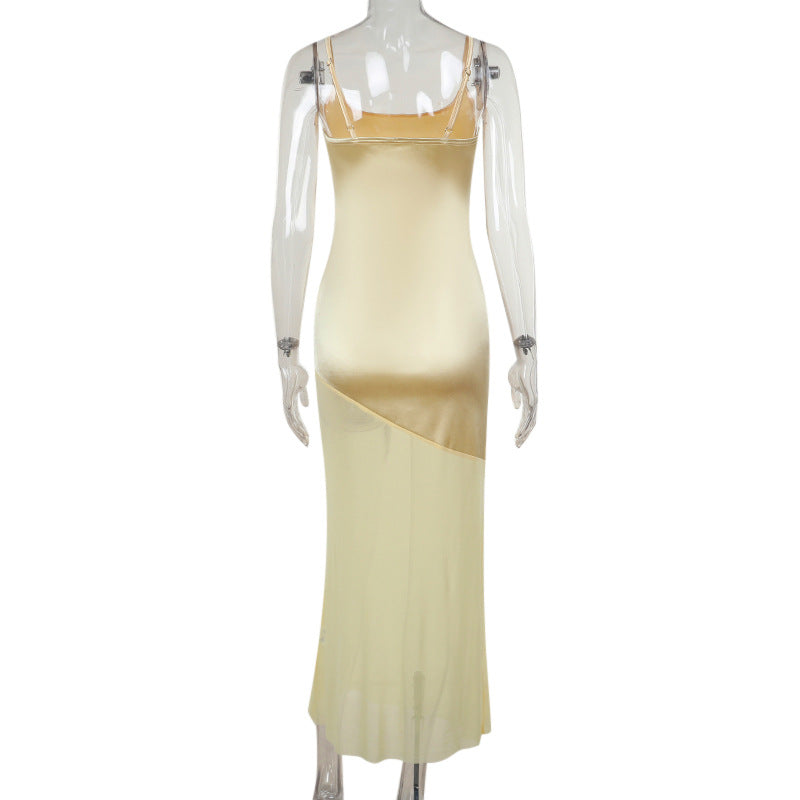 Fall Maxi Dress Classic Elegant Slim Satin Stitching Mesh Spaghetti Strap Dress